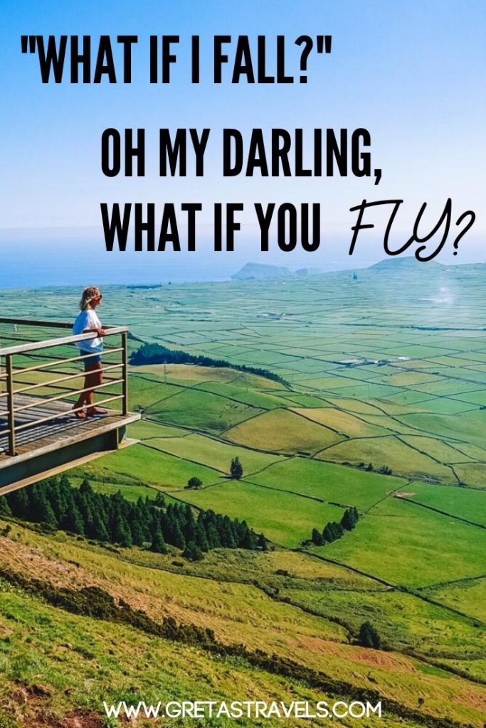 Girl looking out over a viewpoint with text overlay saying "What if I fall? Oh my darling, what if you fly?" - an epic adventure quote, perfect as a travel Instagram caption