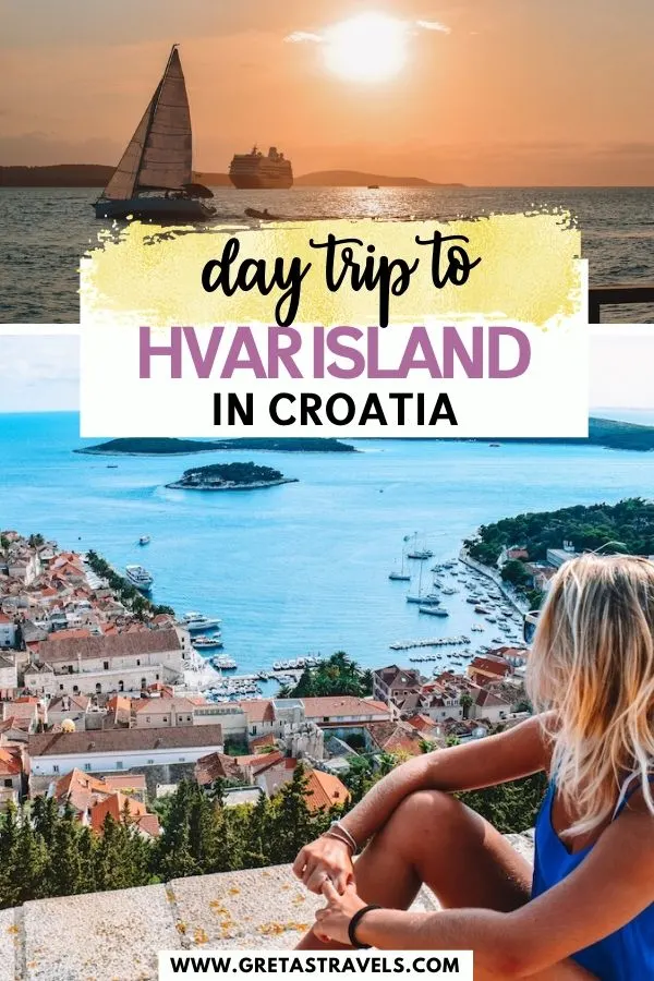 Photo collage of the view from the Spanish Fortress and the sunset from Hula Hula Beach Bar with text overlay saying "day trip to Hvar Island in Croatia"