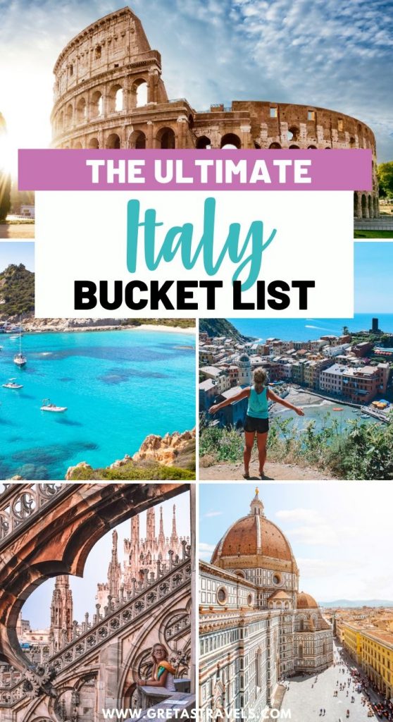 Collage of the Colosseum, Sardinia, Florence, Cinque Terre and Venice with text overlay saying "the ultimate Italy bucket list"