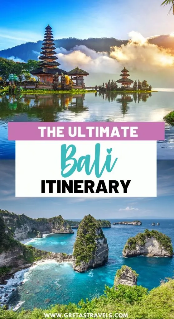 Collage of Ulun Danu Beratan Temple and the coast of Nusa Penida with text overlay saying "the ultimate Bali itinerary"