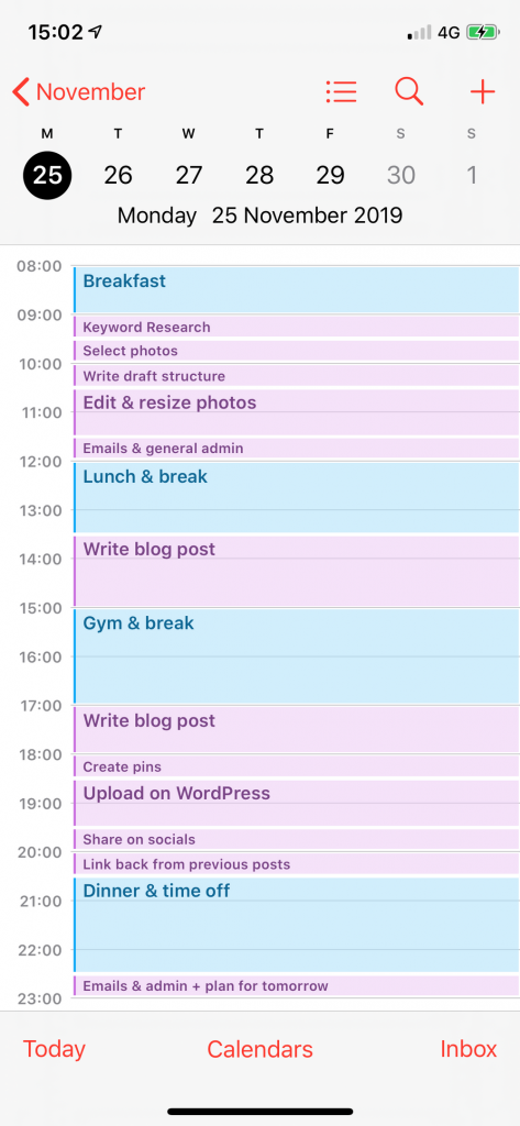 A sample of my daily schedule when I work from home