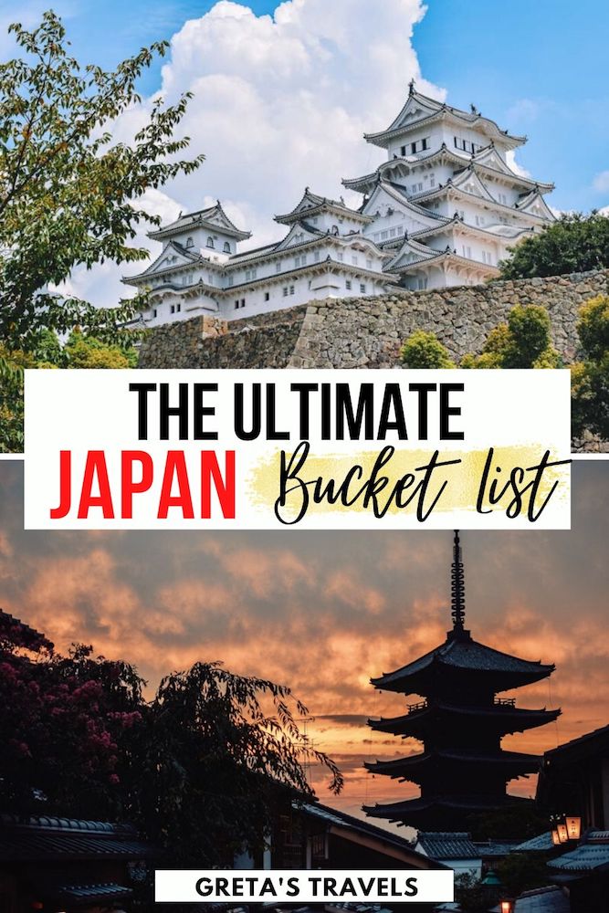 Photo collage of Himeji Castle and the Hokanji Pagoda with text overlay saying "The ultimate Japan bucket list"