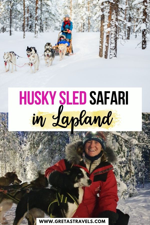 Photo collage of a sled being carried by husky dogs through the snowy Lapland landscape and of a girl in an arctic suit hugging a husky dog with text overlay saying 