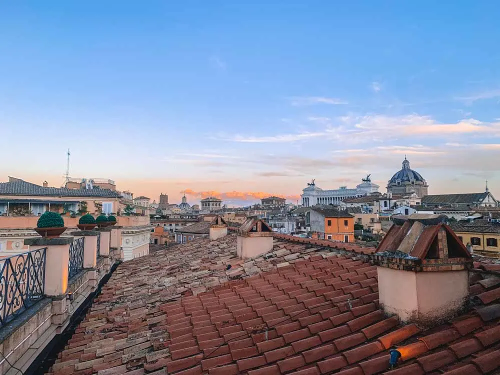View over Rome and the Altar of the Fatherland from the rooftop bar of Hotel Minerva