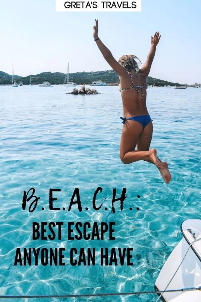 Photo of a blonde girl jumping in the crystal clear water of Sardinia with text overlay saying "B.E.A.C.H.: Best Escape Anyone Can Have"