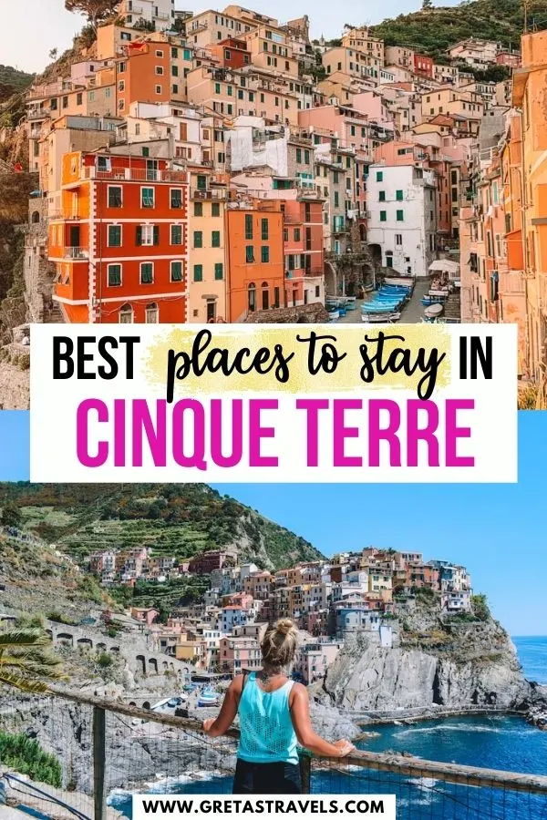 Photo collage of a blonde girl overlooking Manarola and the sunset over Riomaggiore with text overlay saying "Best places to stay in Cinque Terre"
