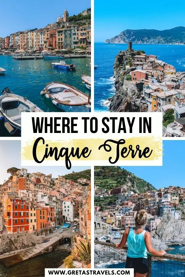 Photo collage of Riomaggiore, Manarola, Vernazza and Portovenere with text overlay saying "Where to stay in Cinque Terre"