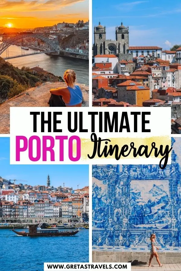 Photo collage of the riverfront in Porto, the view over Porto from Miradouro da Vitoria, the azulejos facade of the Chapel of Souls and a sunset over Porto with text overlay saying "The ultimate Porto itinerary"