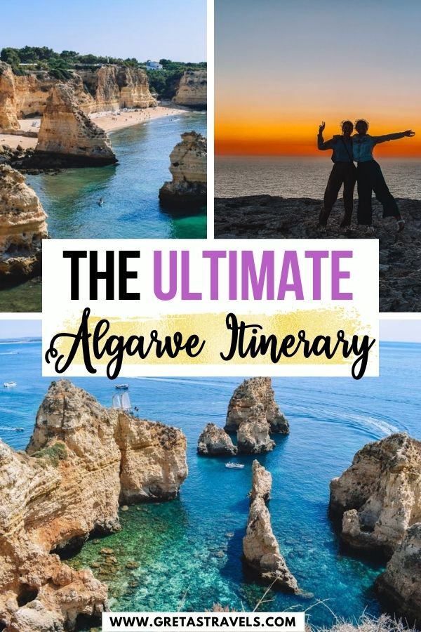 Photo collage of Ponta da Piedade, Praia do Marinha and the sunset from Cabo de San Vincente with text overlay saying 