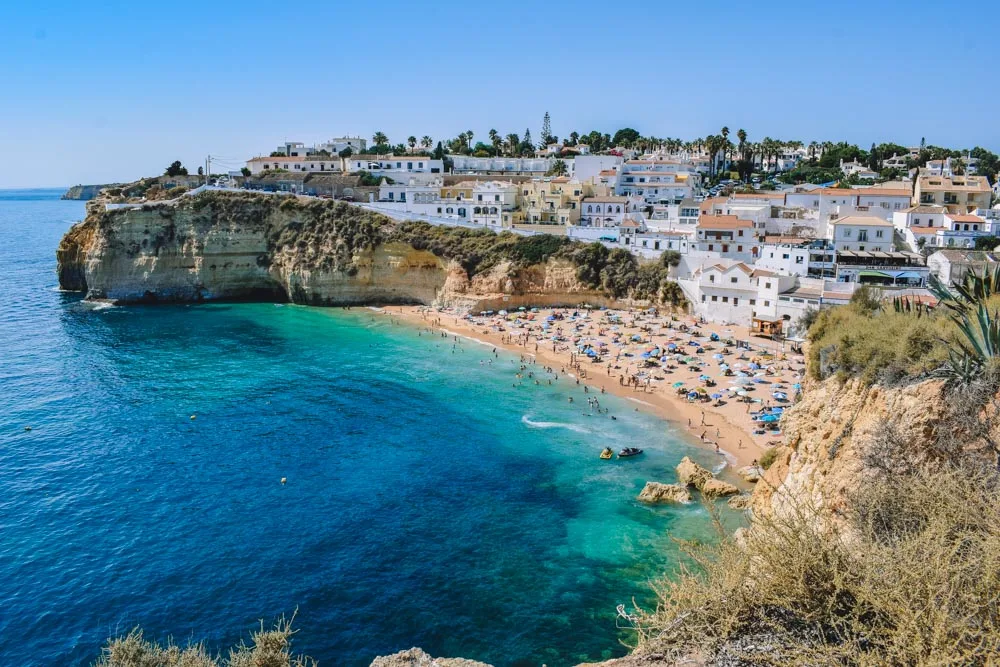 View over the beach and town of Carvoeiro in the Algarve, Portugal