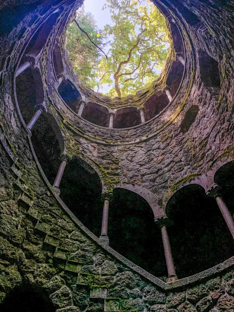 Looking up from the bottom of the famous Initiation Well in Sintra, Portugal