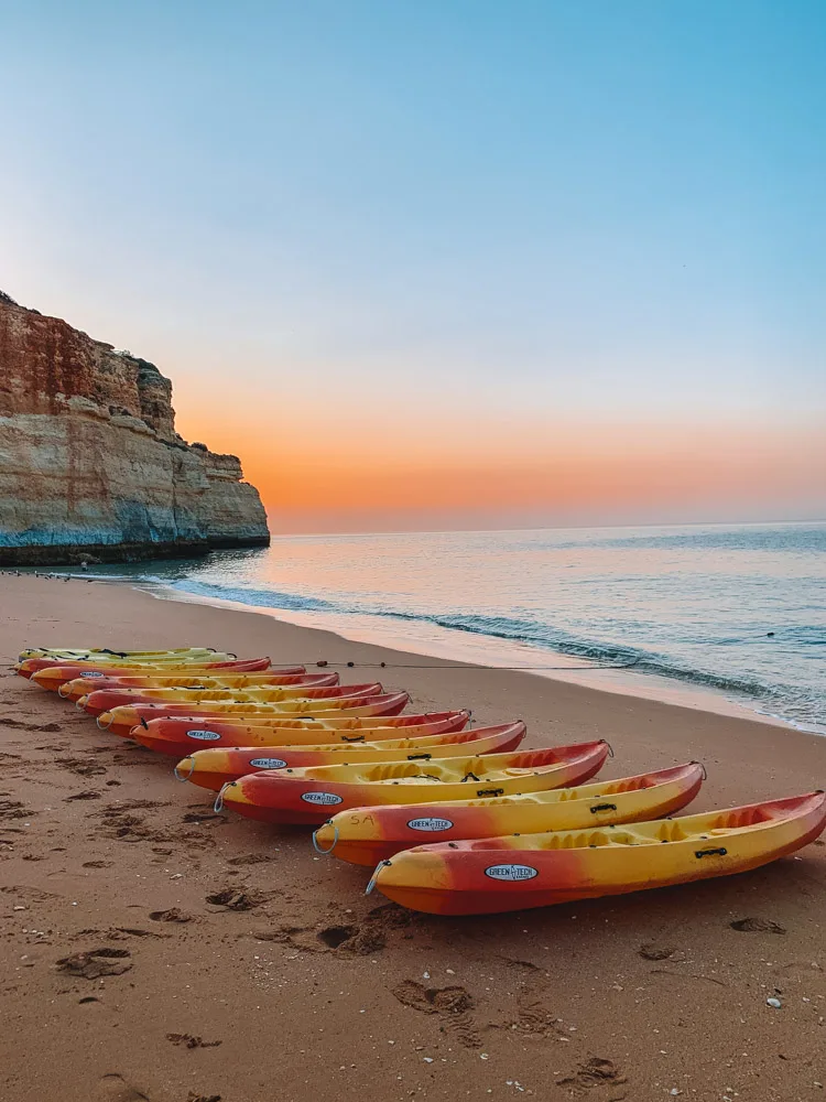 Kayaks ready for a sunrise tour to Benagil Cave