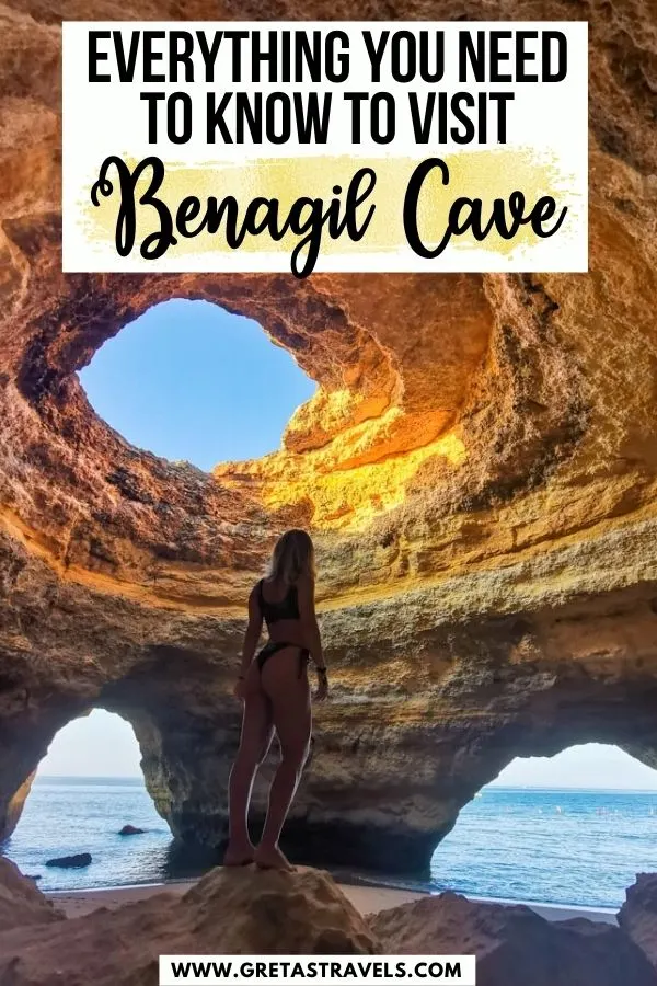 Photo of a girl standing inside Benagil Cave in the Algarve, Portugal with text overlay saying "Everything you need to know to visit Benagil Cave"