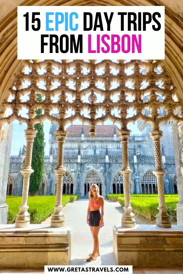 Photo of a blonde girl in a pink top standing in the cloisters of Batalha monastery in Portugal with text overlay saying 