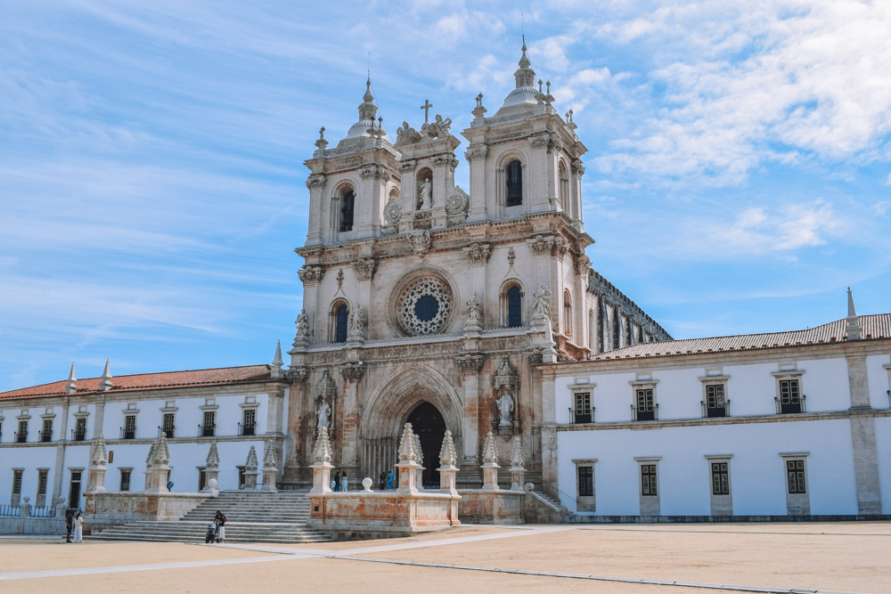 The imposing facade of Alcobaca Monastery in Portugal