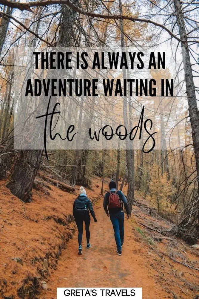 Photo of two people walking in a forest in autumn, the orange leaves coating the floor and treetops, with text overlay saying "There is always an adventure waiting in the woods"
