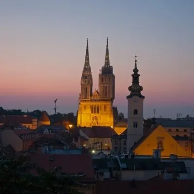 The twin spires of Zagreb's Cathedral and skyline of Zagreb at sunset