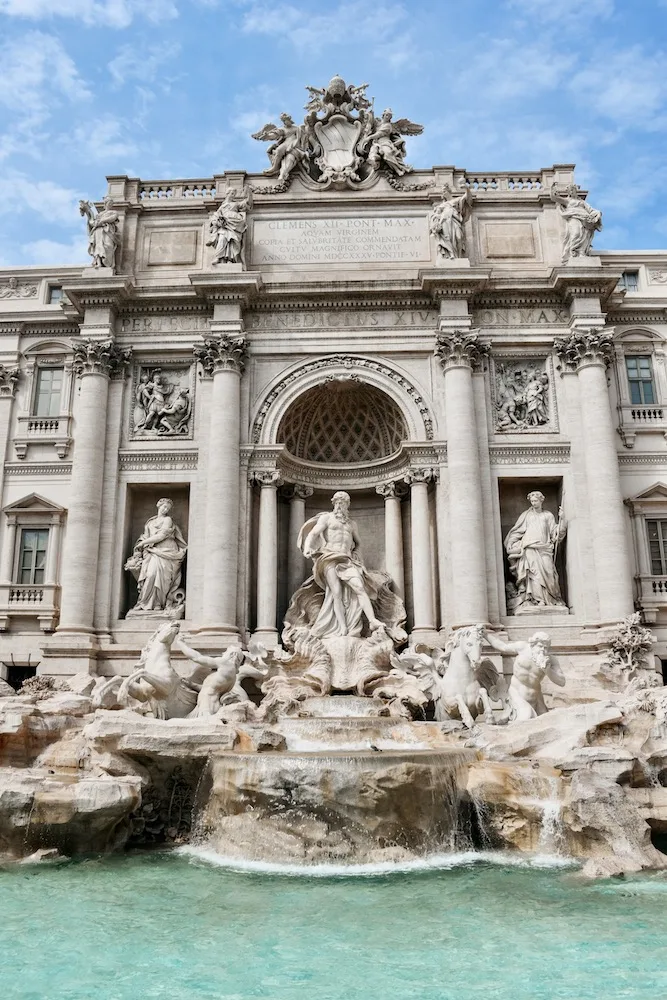The beautiful facade of the Trevi fountain in Rome