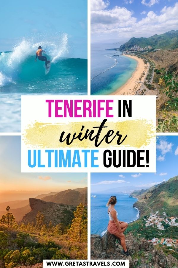 Photo collage of Playa de las Teresitas, a girl hiking in Anaga, the sunset over Adeje and a guy surfing in Las Americas with text overlay saying "Tenerife in winter: Ultimate guide!"