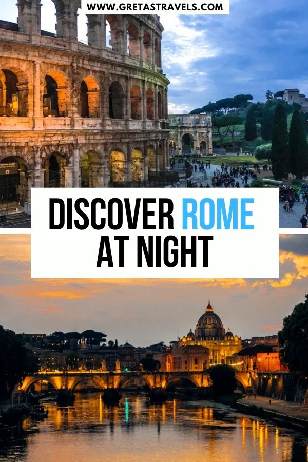 Photo collage of the Colosseum and sunset from Ponte Umberto in Rome with text overlay saying "Discover Rome at night"