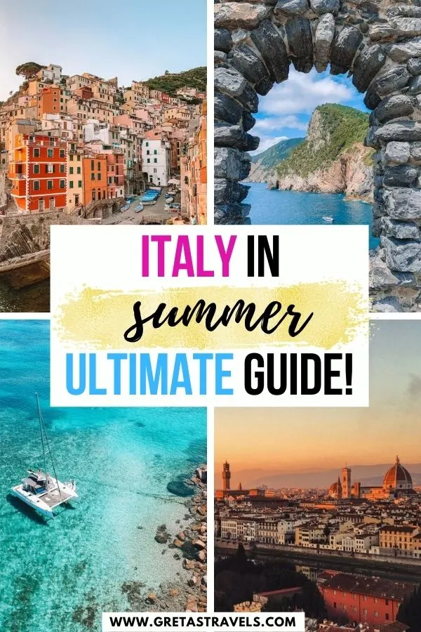 Photo collage of the sunset over Florence, Riomaggiore in Cinque Terre, the coastal views in Portovenere and a catamaran in Sardinia with text overlay saying "Italy in summer - ultimate guide!"