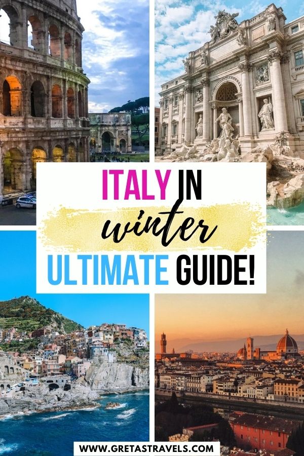 Photo collage of the Colosseum, Trevi Fountain, Manarola and the sunset over Florence with text overlay saying "Italy in winter - ultimate guide!"