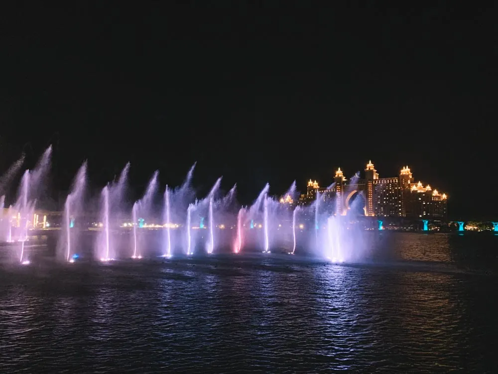 The Palm Fountain show as seen from The Pointe, with the famous Atlantis behind it