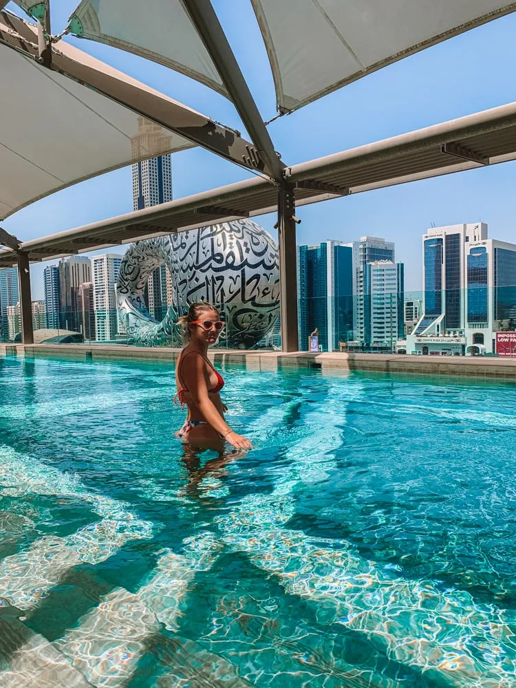 Enjoying the pool with view over the Museum of the Future at 25hours Hotel One Central in Dubai