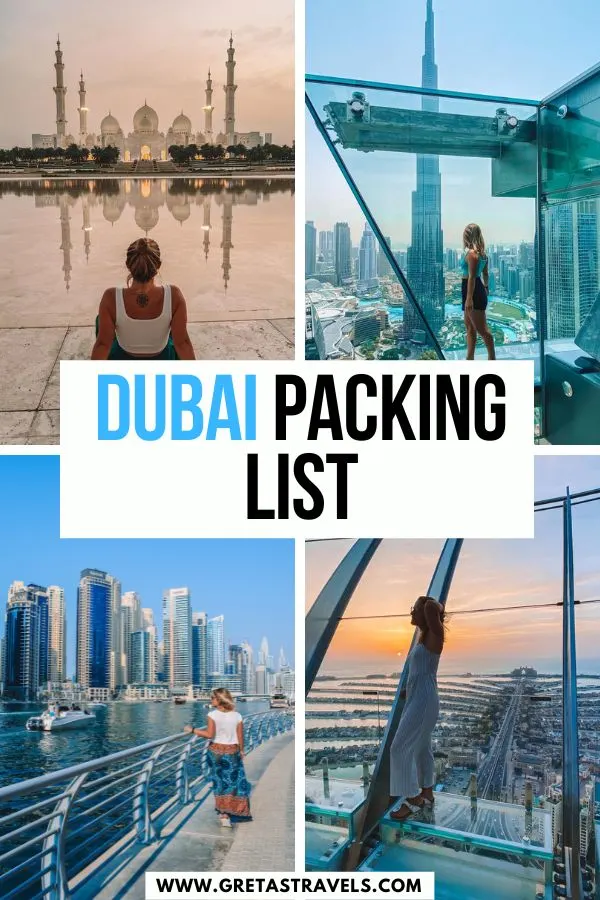 Photo collage of a blonde girl walking along Dubai Marina, in front of the sunset at The View at the Palm, in front of Burj Khalifa and Sheikh Zayed Grand Mosque with text overlay saying "Dubai packing list"