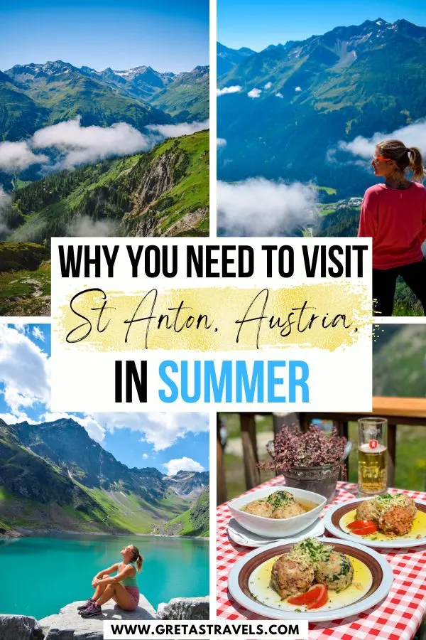 Photo collage of a girl hiking, cycling, a plate of knodels and the view over St Anton valley with text overlay saying "Why you need to visit St Anton, Austria, in summer"