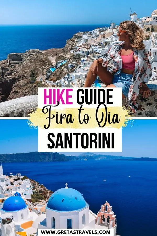 Photo collage of the sea views and white houses of Oia in Santorini with text overlay saying "hike guide, Fira to Oia, Santorini"