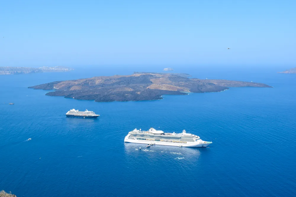 View over Nea Kameni and some cruise ships from Fira
