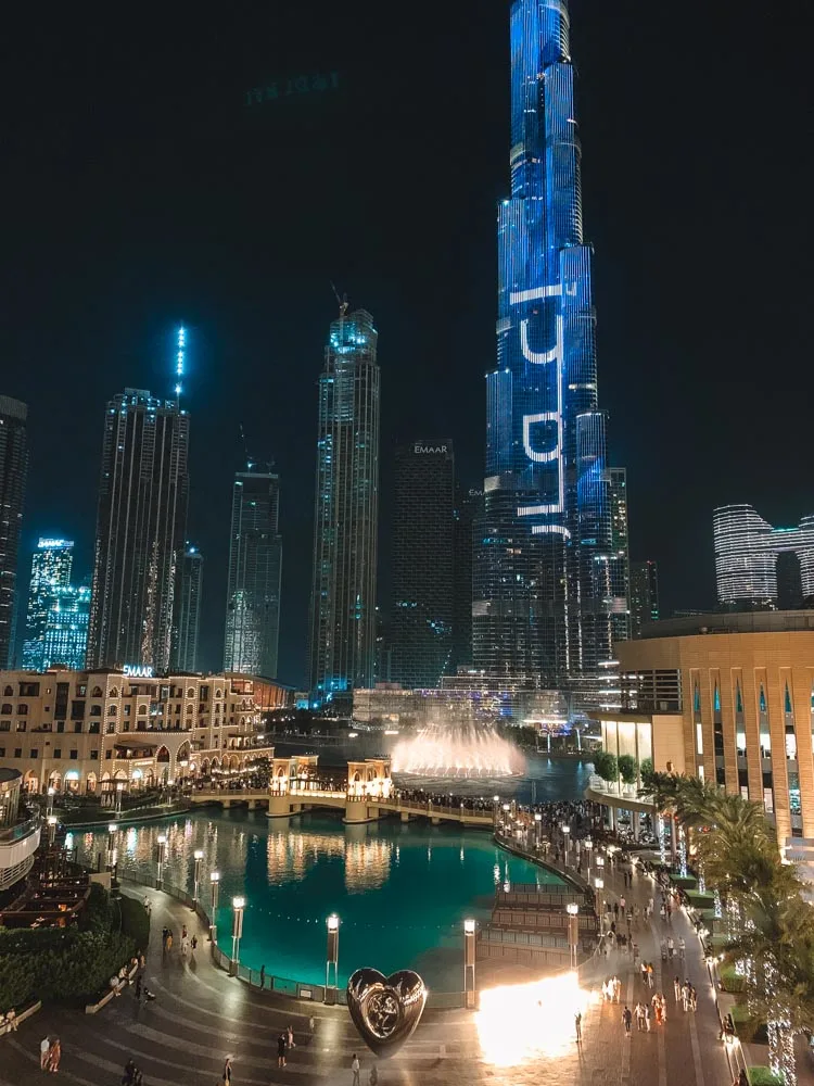 The Burj Khalifa and Fountain Show as seen from the Al Hallab outdoor terrace
