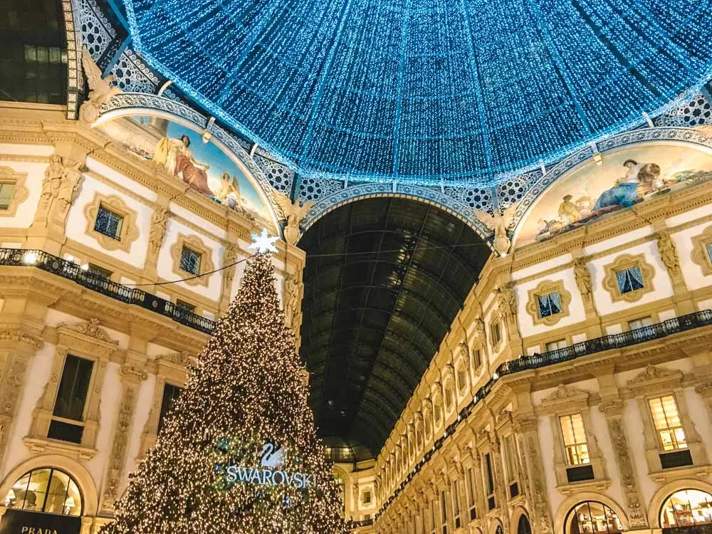 The Christmas tree and decorations in Galleria Vittorio Emanuele II in Milan, Italy