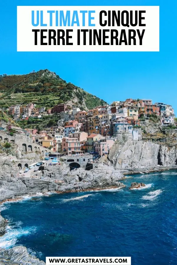 Photo of the colourful houses of Manarola with text overlay saying "The ultimate Cinque Terre itinerary"