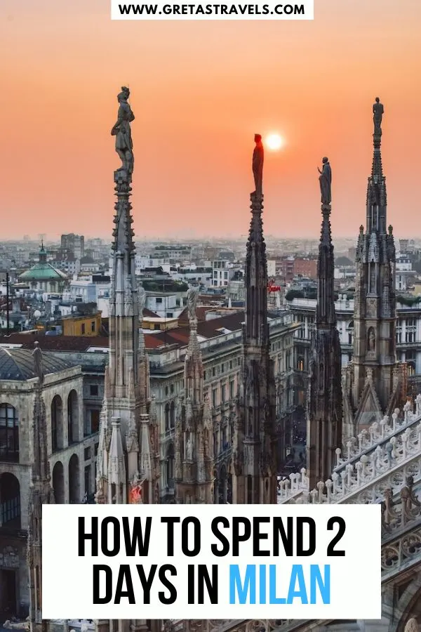 Photo of the sunset from the rooftop of the Duomo of Milan with text overlay saying "how to spend 2 days in Milan"