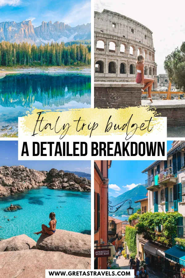 Photo collage of the Colosseum, Lago di Carezza, Cala Corsara in Sardinia and Bellagio in Lake Como with text overlay saying "Italy trip budget: a detailed breakdown"