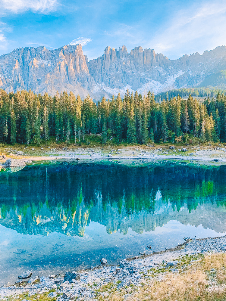 Lago di Carezza in the Dolomites, Italy, with its perfect reflection