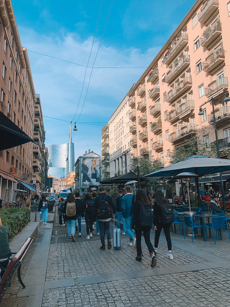 Walking down Corso Garibaldi, with the buildings of Piazza Gae Aulenti in the background