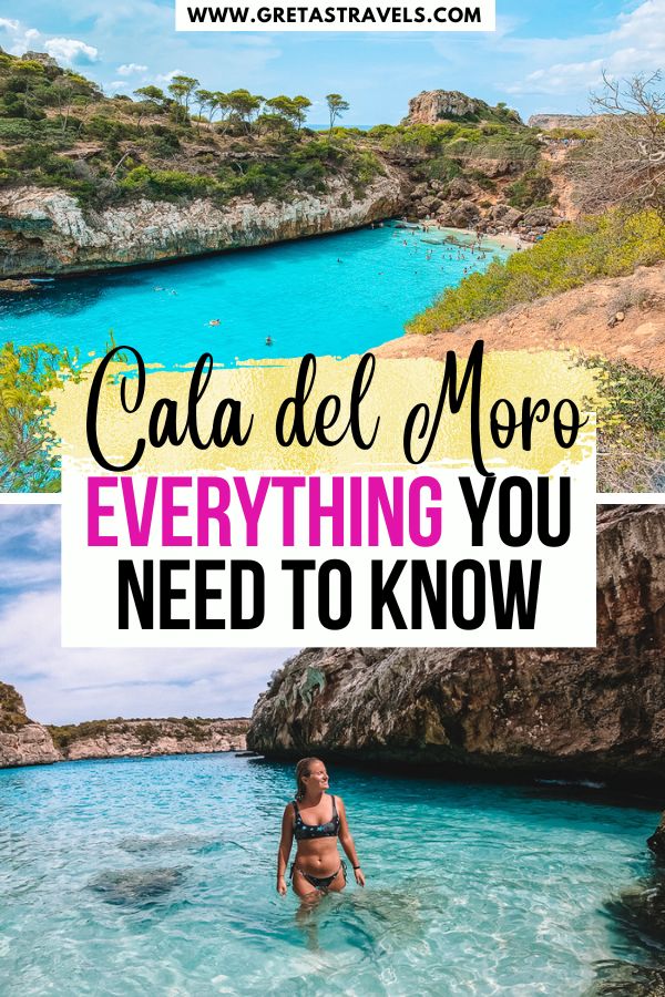 Photo collage of the view over Cala del Moro and a blonde girl swimming in its turquoise water with text overlay saying "Cala del Moro: everything you need to know"