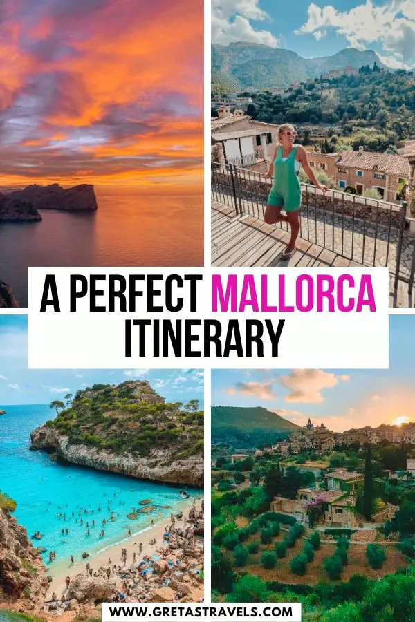 Photo collage of famous Mallorca landscapes, including Deia, Valldemossa, Cala del Moro and the sunset from Cap de Formentor Lighthouse with text overlay saying "A perfect Mallorca itinerary"