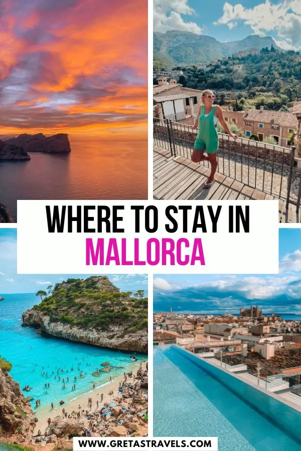 Photo collage of the sunset from Cap de Formentor, Calo des Moro, a rooftop pool in Palma de Mallorca and a blonde girl standing in front of Deia with text overlay saying "Where to stay in Mallorca"