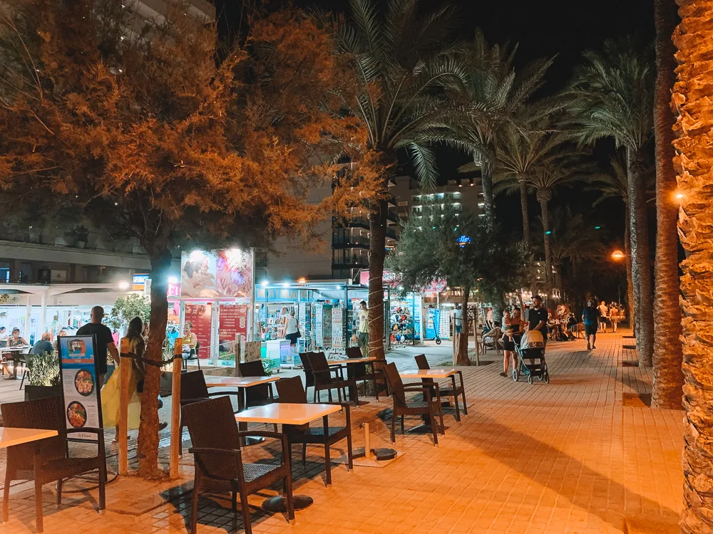 Evening walks along the beachfront bars and shops of S'Arenal, Mallorca