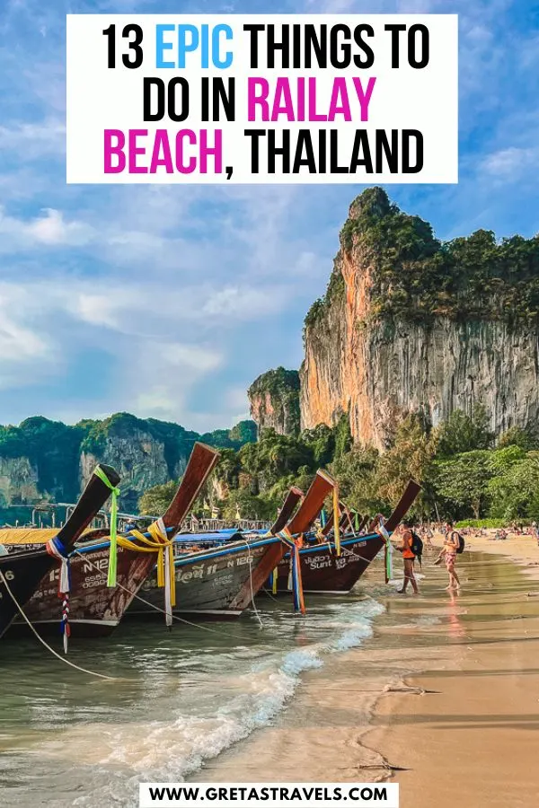Photo of long-tail boats lined up on Railay West at sunset, with text overlay saying "13 epic things to do in Railay Beach, Thailand"