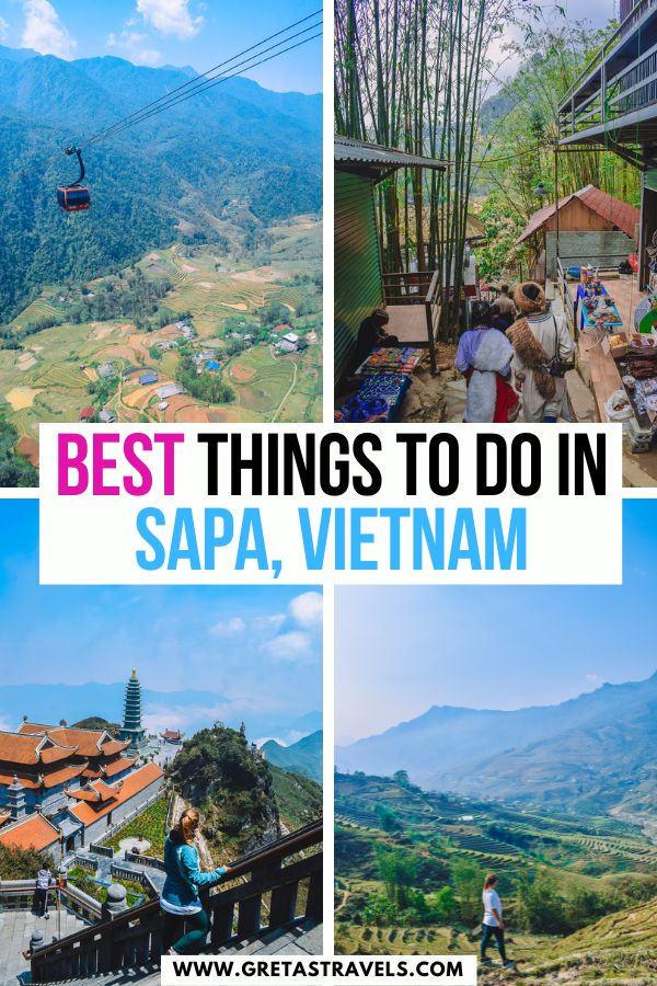 Photo collage of Fansipan Peak, Cat Cat Village and the terraced rice fields of Sapa with text overlay saying "best things to do in Sapa, Vietnam"