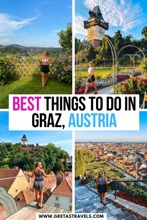 Photo collage of a blonde girl walking in front of Graz clock tower, the view from Schlossberg Hill and the view from Graz Mall with text overlay saying "Best things to do in Graz, Austria!"