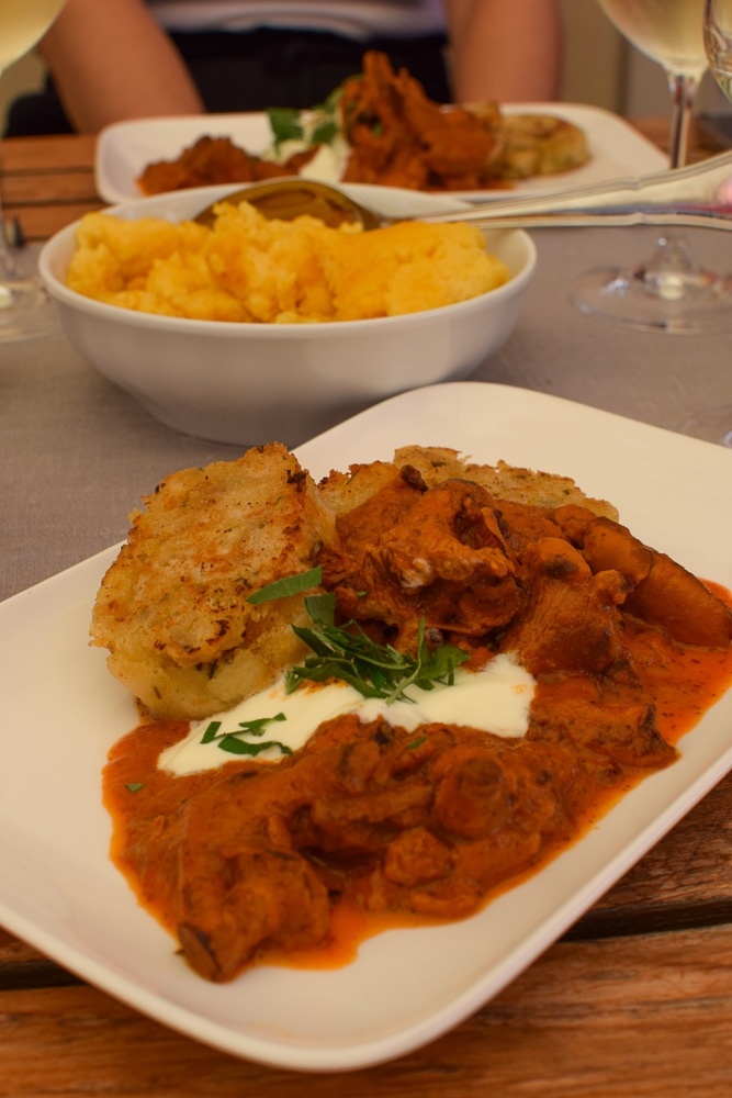 The chanterelle goulash with knodels and polenta that we had at Gut Schlossberg in Graz, Austria