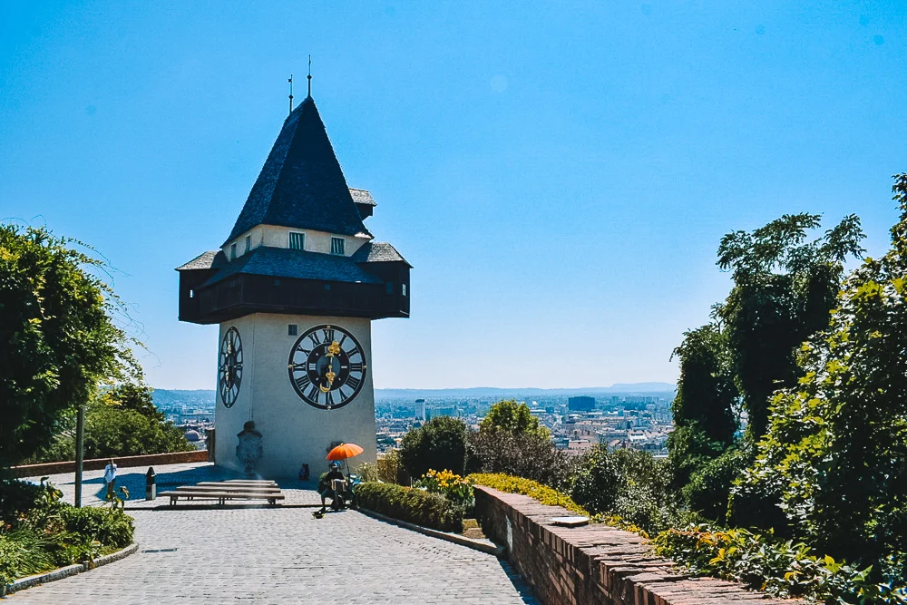 The iconic Uhrturm clock tower in Graz, Austria