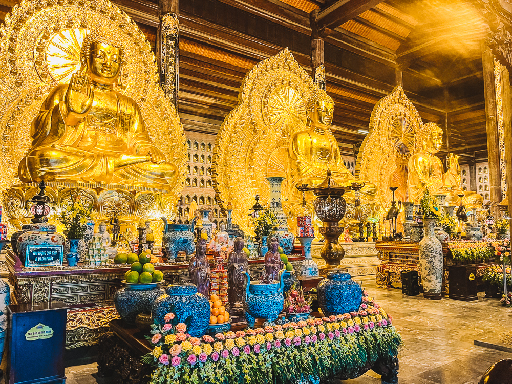 The golden buddhas inside the temples of Bai Dinh Pagoda in Ninh Binh, Vietnam