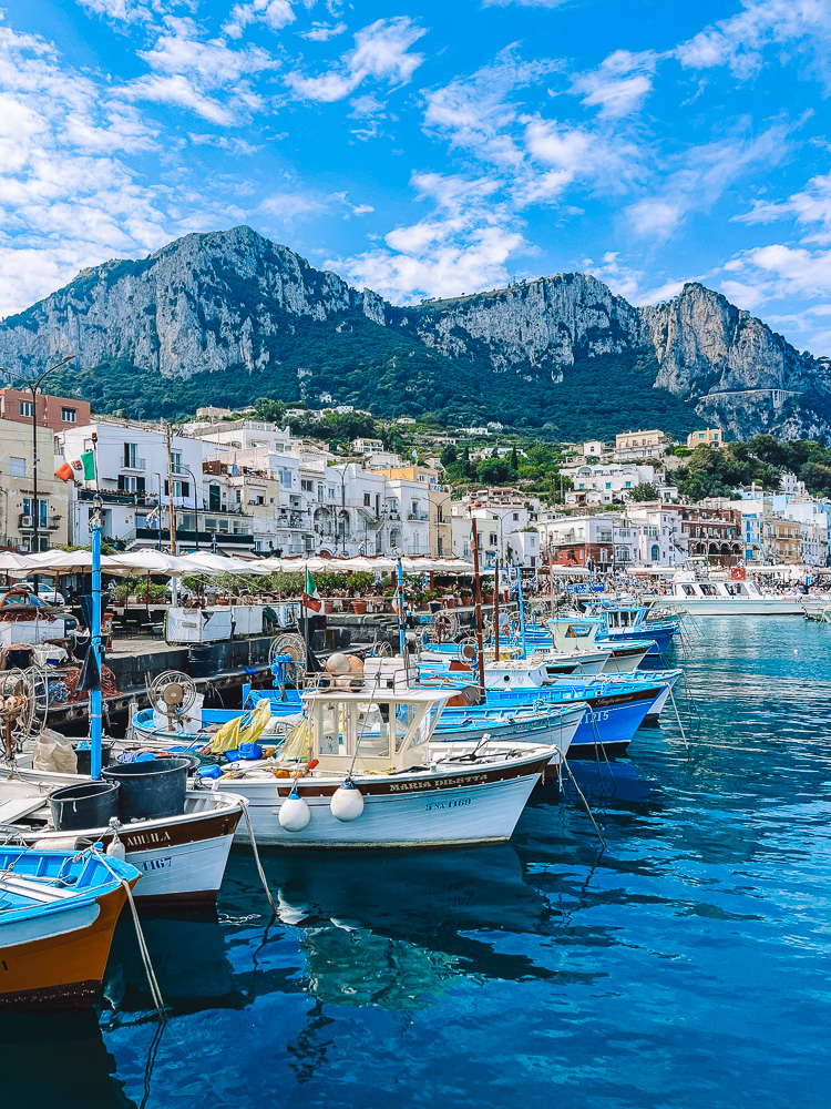 Traditional "gozzo" boats lined up in the harbour of Marina Grande, Capri